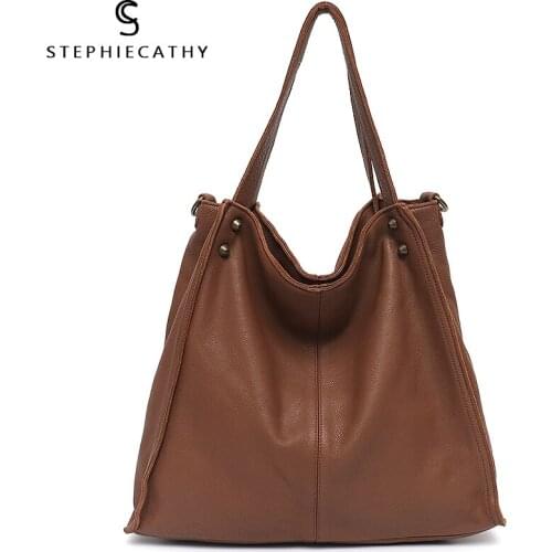 SC High Quality Genuine Leather Tote For Women Retro Style Rivets Shoulder Bag Female Casual Large Hobo Handbag Purse Crossbody