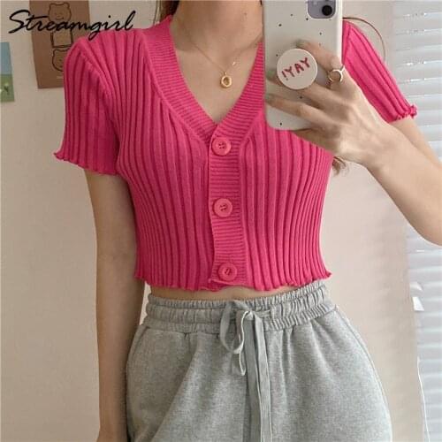 Streamgirl Knitted Cropped Cardigan Top Women Summer Short Sleeve Cardigans V Neck 2021 Summer Crop Tops With Button Cardigan