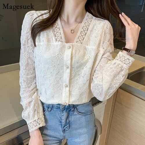 Spring Lace Crochet Women Blouse 2021 New Korean Chic Embroidery Floral V-neck Long Sleeve Shirt Elegant Splicing Lace Top 13979