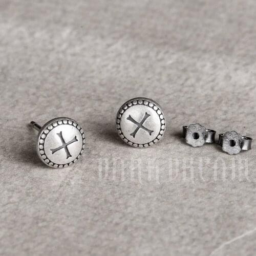 Hot Style Genuine Antique 925 Sterling Silver Stud Earrings Retro Cross Studs Gothic Punk Hiphop Rock Jewelry For Women Men