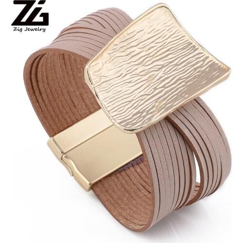 ZG Womens Leather Bracelet 2019 Womens Boho Style Irregular Metal Charm Wide Bracelet