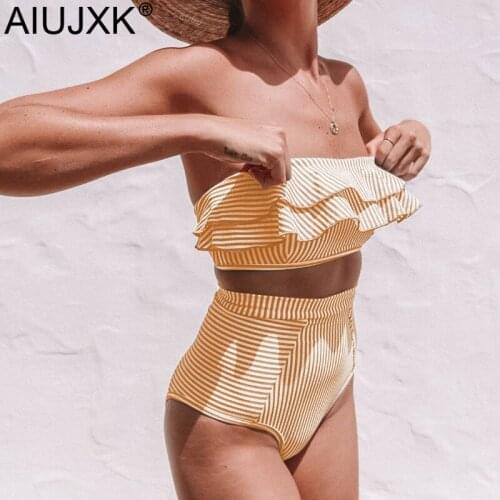 AIUJXK Summer Yellow Striped Swimsuit For Women 2019 New Arrival Sexy Off Shoulder High Waist 2 Piece Set Bikini Female Swimwear