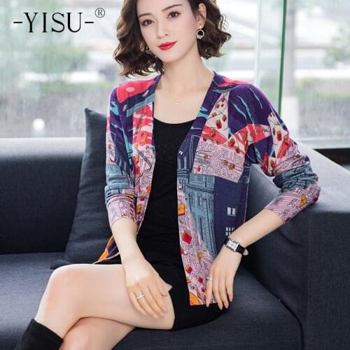 YISU Knitted Sweater Cardigans Women Long Sleeve V-neck Cardigan Autumn Winter Sweaters Coat Printed cardigan Women