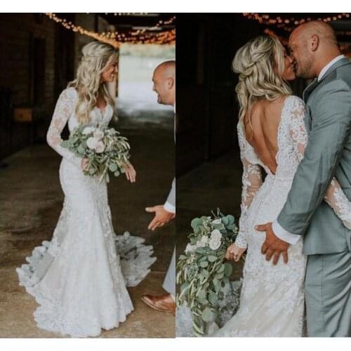 Vintage Mermaid Lace Wedding Dresses 2021 Full Sleeve V Neck Sexy Backless Boho Dress Bridal Gowns Robe De Mariage Vestido Novia