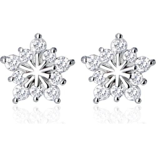 100% 925 sterling silver hot sell shiny snowflake crystal ladies`stud earrings jewelry Anti allergy female women drop shipping