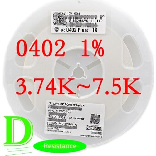 100PCS SMD Resistor RC Series 0402 1% RC0402FR-07 Series 3.74K-7.5K All resistors 3.9K 4.3K 4.7K 5.1K 5.6K 6.2K 6.8K 7.5K