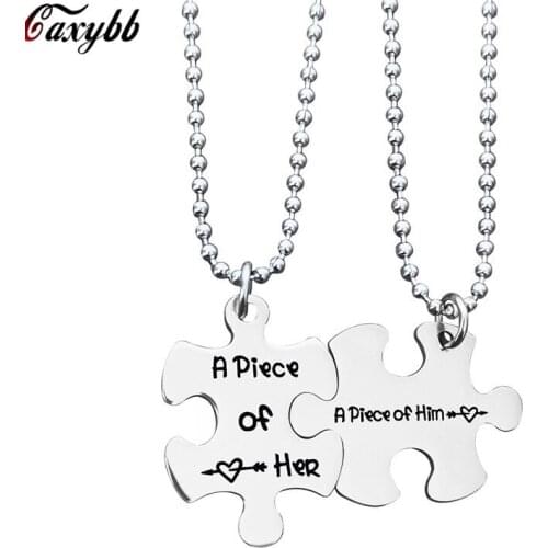 2pcs/set Newest Fashion Couple Necklace Jewelry Puzzle Pendant A piece of him &I A piece of Her Heart Beads Necklace Gifts