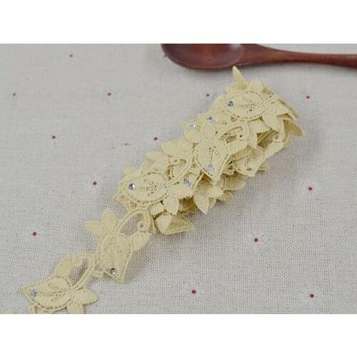 4 Meters 2cm Width Beige Yellow DIY Lace Ribbon Garment Accessories Handmade Lace Trim with Rhinestone Decoration Materials