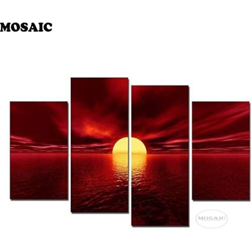 5D DIY diamond painting 4 pcs Art - Red Sea SUN Modern Full Diamond Home Living Room Home Decor Painting Wall Pictures For Livin