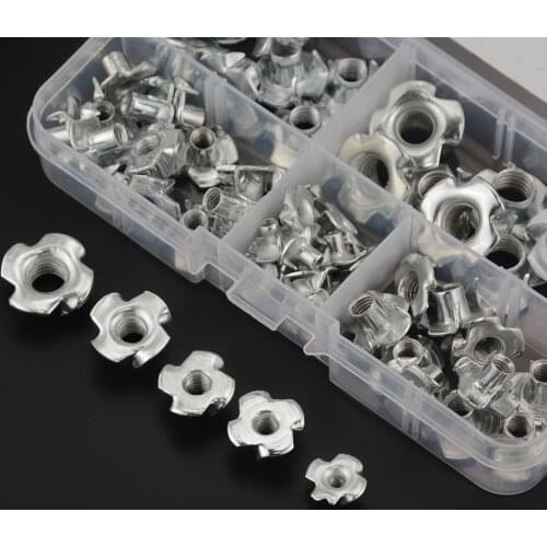 60PCS/Box M3 M4 M5 M6 M8 Carbon Steel Zinc Plate Galvanization Pronged Tee T nut Blind Nut Furniture Four Claws Nut