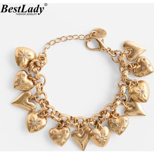 Best Lady Vintage Heart Bracelets for Women Trendy Metal Maxi Gold Color Link Chain Charm Bracelets Beads Accessories Jewelry