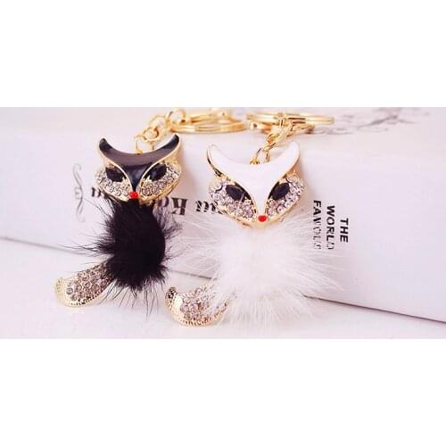 Black Fur Fox Key Chains Rings Crystal Women Bag Pendant Anime Keyrings Keychains For Girl Key Holder For Car
