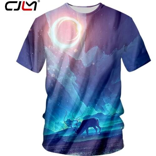 CJLM Men Tshirts Summer Gothic Style 3D Cool Print Blue Aurora Space Dear T-shirt Casual Male O Neck Tees Shirts Unisex