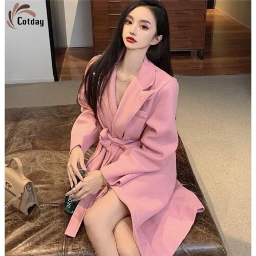 Cotday Pink V-Neck Temperament Tailored Collar Grace Office Style Lady Winter New Loose Student Over The Knee Woolen Blend Coat