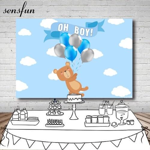 Sensfun Boys Baby Shower Newborn Birthday Party Backgrounds Blue Theme Bear Balloon Clouds Photography Backdrop For Photo Studio