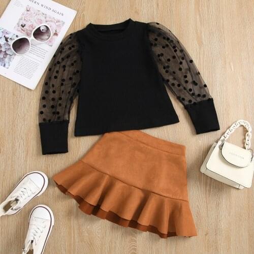 FOCUSNORM 2-7Y Autumn Fashion Kids Girls Clothes Sets Polka Puff Sleeve Solid T Shirts Ruffles A-Line Skirts 2PCS