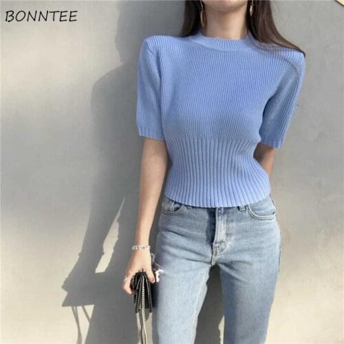 T-shirts Women Knitted Solid Fashion Summer Slim Ulzzang All-match O-neck Simple Leisure Stretchy Female Crop Top Streetwear New