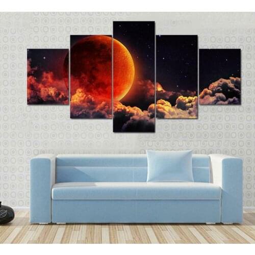 Red Blood Moon Eclipse 5 Panels Canvas Wall Art Cuadros Print Canvas Painting Wall Decor for Living Room Poster No Framed