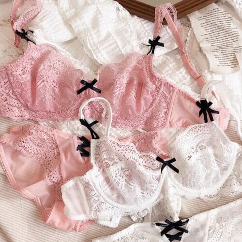 Sweet and ultra-thin lace bralette sexy top-up anti-sagging bra briefs set see-through underwear lingerie sets