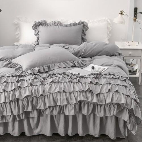 Gray White Pink Soft Korean Princess Style Bedding Set Layered Ruffles Design Duvet Cover Bed Skirt Bed Sheet Pillowcases 4Pcs