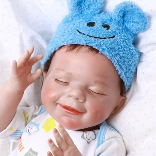 17inch Soft Silicone Reborn Baby Dolls Smile Face Sleeping Bebe For Girls With Blue Hat Children Gift Fashion Doll Lifelike Toys