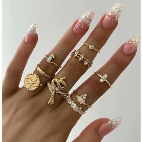 Summer 9pcs/Sets Geometry Rings for Women Clear Crystal Stone Snake Hollow Round Geometric Jewelry