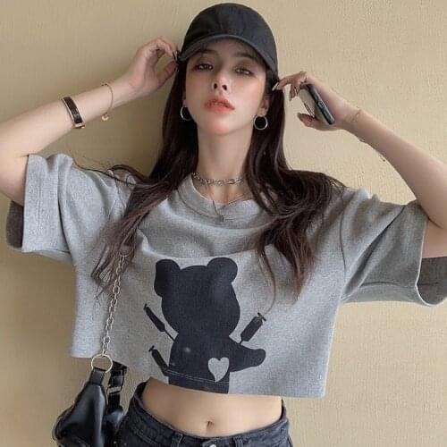 Zoki Summer Women Crop Tops Summer Short Sleeve Fashion Cartoons Print T Shirt O Neck Loose Black White Girls Streetwear Tops