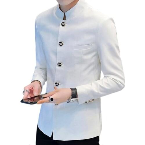 Stand Collar Men Casual Blazer Chinese Style Slim Fit Tunic Suit Jacket 2021 Autumn Spring Male Outerwear White / Black
