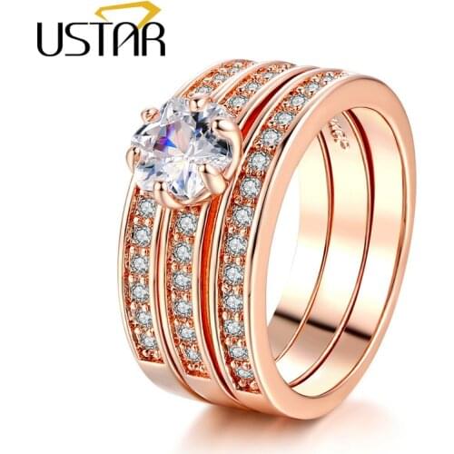 USTAR 3pcs rings set Zircon jewelry wedding Rings for women Rose Gold color Austria Crystals rings female Anel bijoux