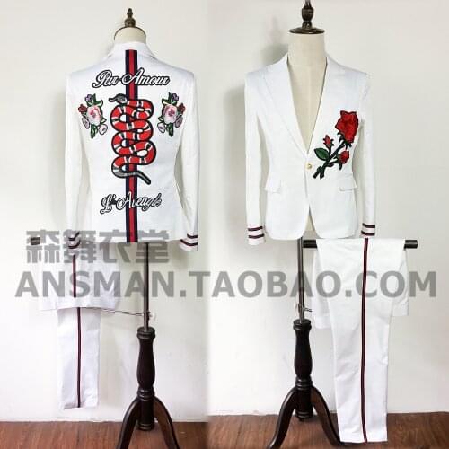 Nightclub male singer male DJ GD same paragraph heavy industry embroidery flower snake white black suit costume Masculino