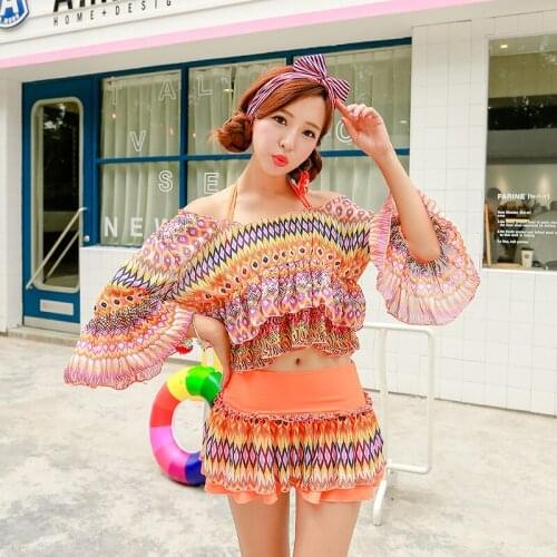 New 3-piece off the shoulder sexy gathered Bikini Swimsuit flat corner conservative print skirt split swimsuit