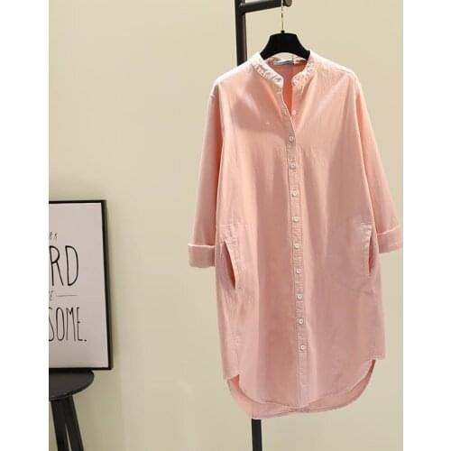 100% Cotton Solid Long Women Shirts Autumn New 2021 O-Neck Long-Sleeved Straight Loose Female Outwear Coats Tops