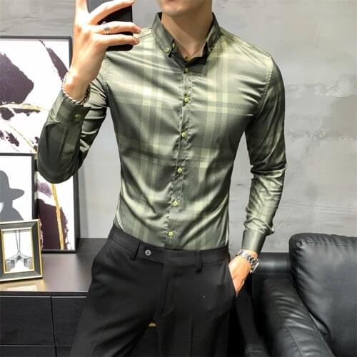 Autumn Mens Long-sleeved Plaid Shirt British Style Printed Mens Shirt Slim Fashion Business Formal Shirt Camisas Para Hombre