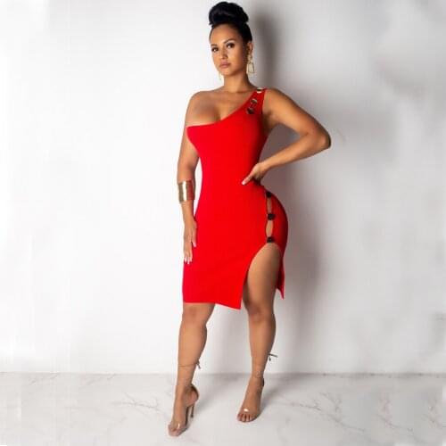 Echoine Summer Sleeveless Off Shoulder Mini Split Hollow Out Dress Skinny Bodycon Sexy Women Red Party Club Dresses