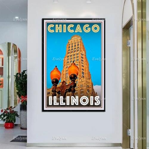 Retro Vintage Style Travel Poster Chicago Illinois Oil Painting Posters and Print on Canvas Wall Art Pictures Home Decor Frame