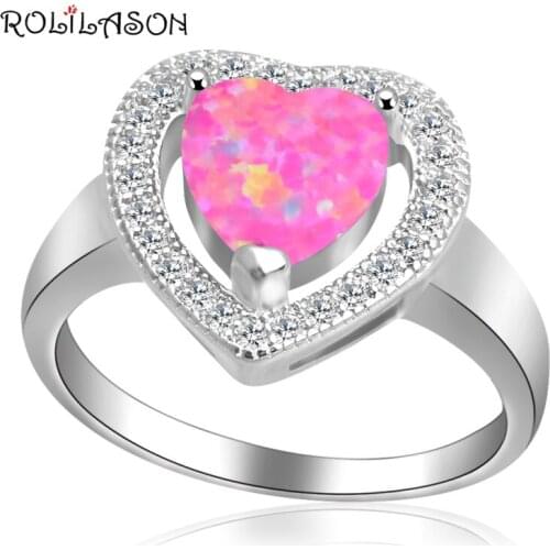 ROLILASON Heart-shaped design pink opal white crystal for women silver plated Fashion Jewelry Rings USA size #6#7#8#9 OR911