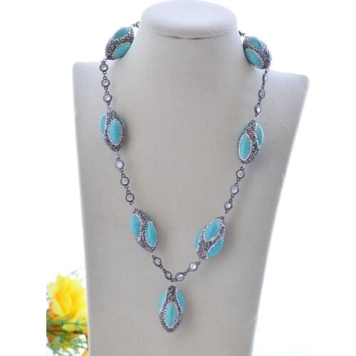 S2490 20" 32mm Shuttle Blue Turquoise CZ Chain Necklace & Pendant Magnet