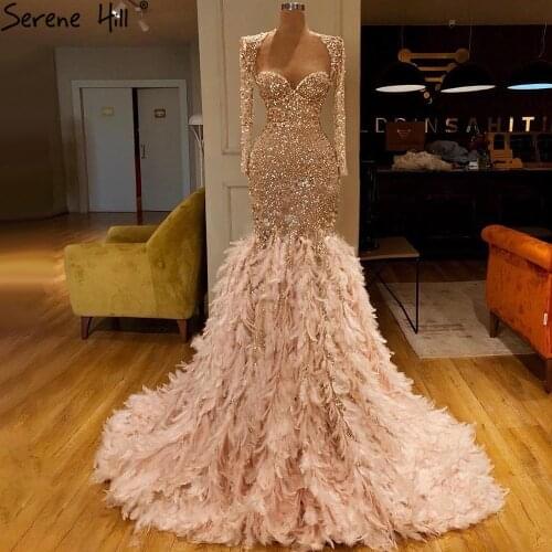 Serene Hill Gold Luxury Mermaid Evening Dresses Gowns 2021 Beading Elegant Feathers For Women Party LA70988