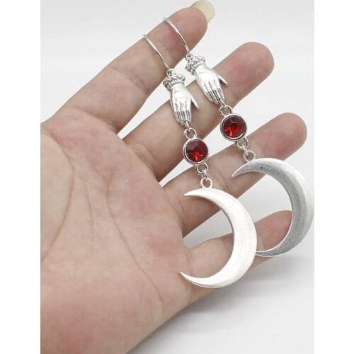 Rhinestone earrings, witch hands, witch earrings, half moon earrings, ghost hand witch gothic moon long womens jewelry