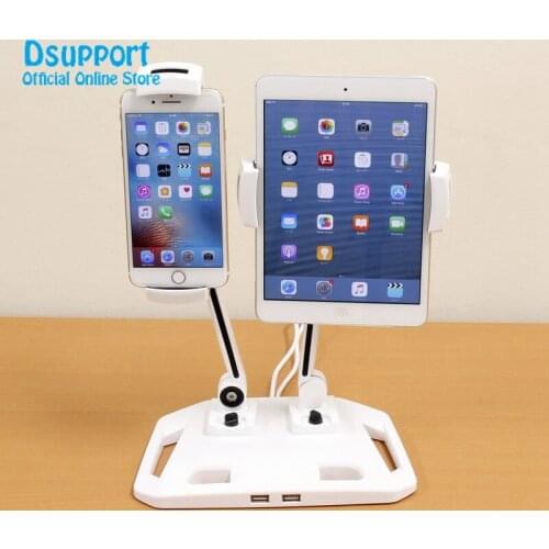 Dual Arm 360 Full Rotation Foldable Aluminum Alloy 4.7-12.2 inch Tablet PC Holder+Smartphone Holder Stand with 2USB Port Charger