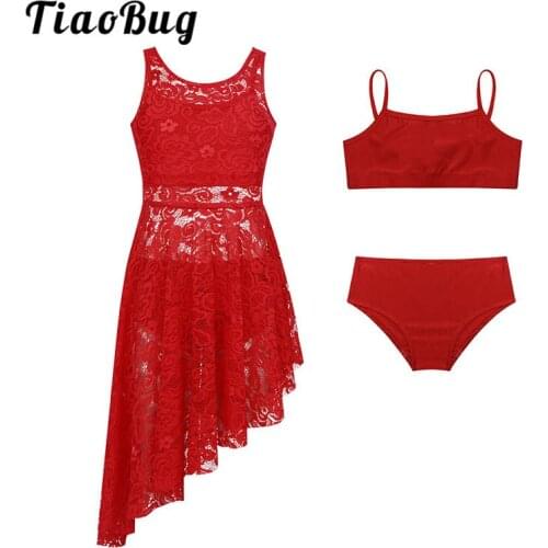 TiaoBug Kids Teens Three-piece Lyrical Dance Costumes Children Girls Ballet Gymnastics Sports Tops Briefs Floral Lace Dress Set