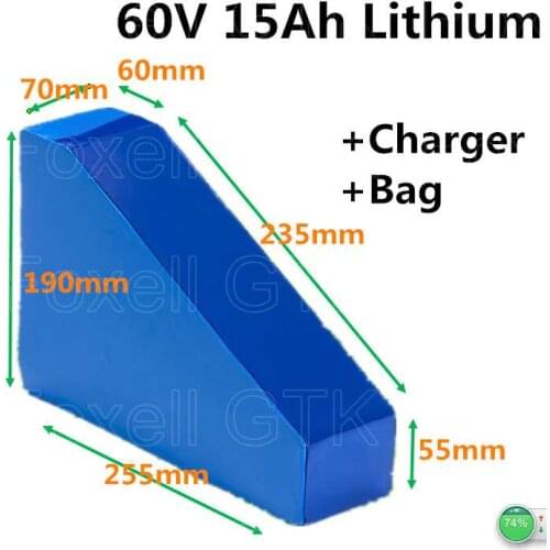 Triangle 60V 15Ah lithium li ion battery pack for 1500w 1800w scooter electric mountain bike beach cruiser bike +2A charger +bag