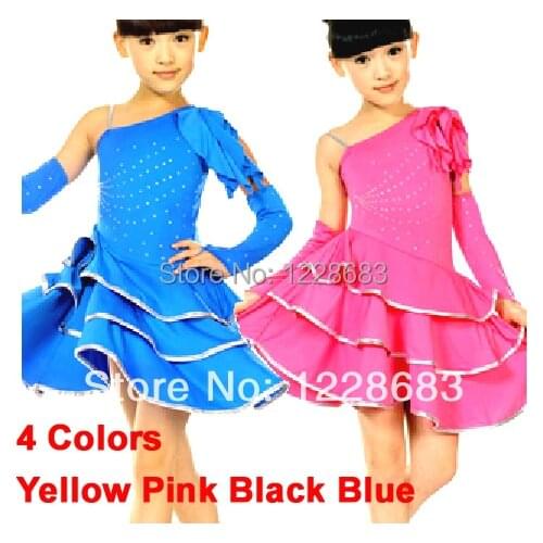 Girls Kids Children Unequal Yellow Pink Black Blue Performance Ballroom Samba Costumes Latin Salsa Tango Dresses Dance Skirts
