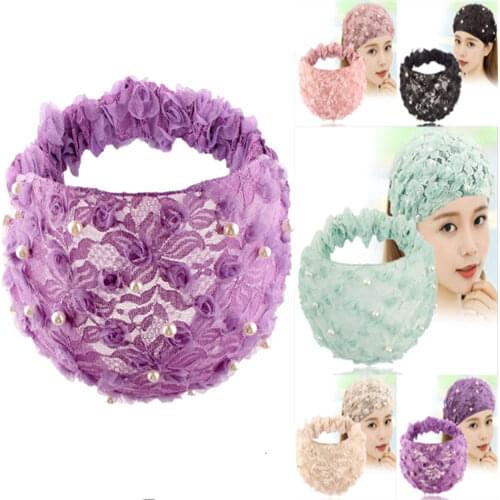 Women headband Pearl Lace Flowers Headwear headwrap stretch turban H005