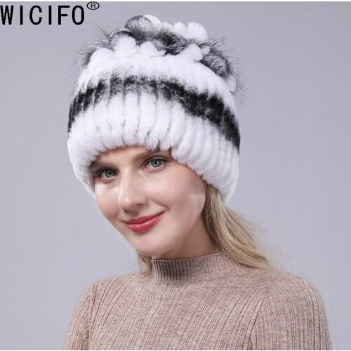 Womens Bomber Real fur Hat for women Rabbit fur hats and fox fur Fluffy beanies fashion Knitted cap warm Protection Ear for wom