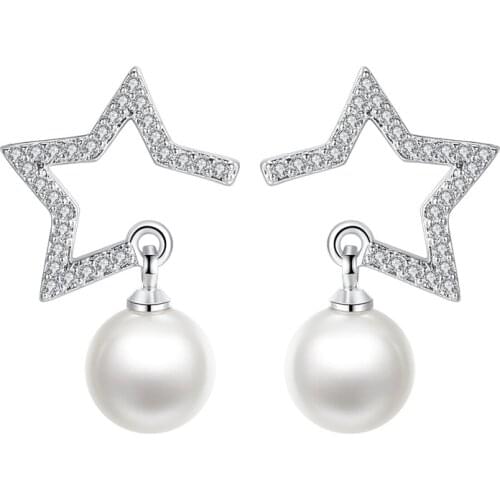 S925 Silver Earring Semi Star with Pearl Stud Earring For Women Wedding Gift Lady Girl Fashion Zircon Jewelry
