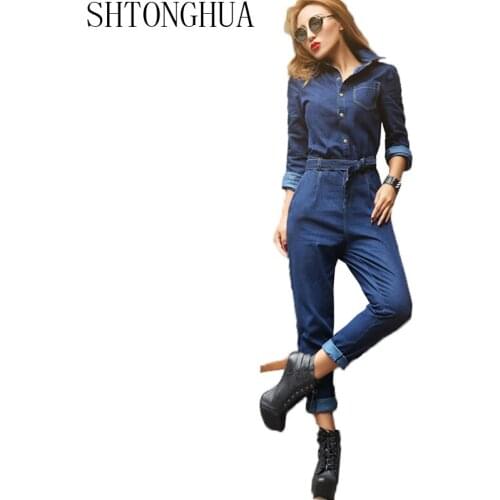 SHTONGHUA NEW 2019 Spring European jumpsuit womens blue Lapel collar denim jumpsuit bodysuit plus size jumpsuits wish pocket