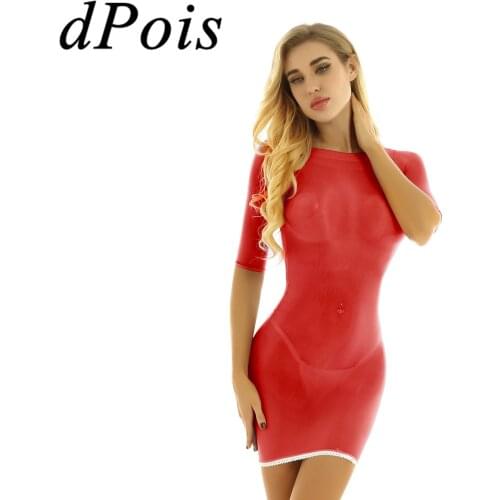 Women See-through Mesh Sheer Bodystocking Bodycon Mini Dress Round Neck Half Sleeves Stretchy Female Sexy Dresses