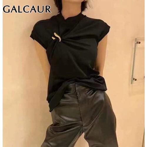 GALCAUR Gold U-shaped Buckle Vests For Women O Neck Sleeveless Asymmetric Ruched Elegant Vest Female Fashion 2020 New Clothes