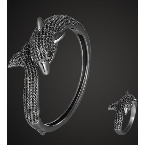 Zlxgirl Silver and jet color dolphin bangle with ring jewelry sets for women metal zircon copper wedding bracelet bangle bijoux